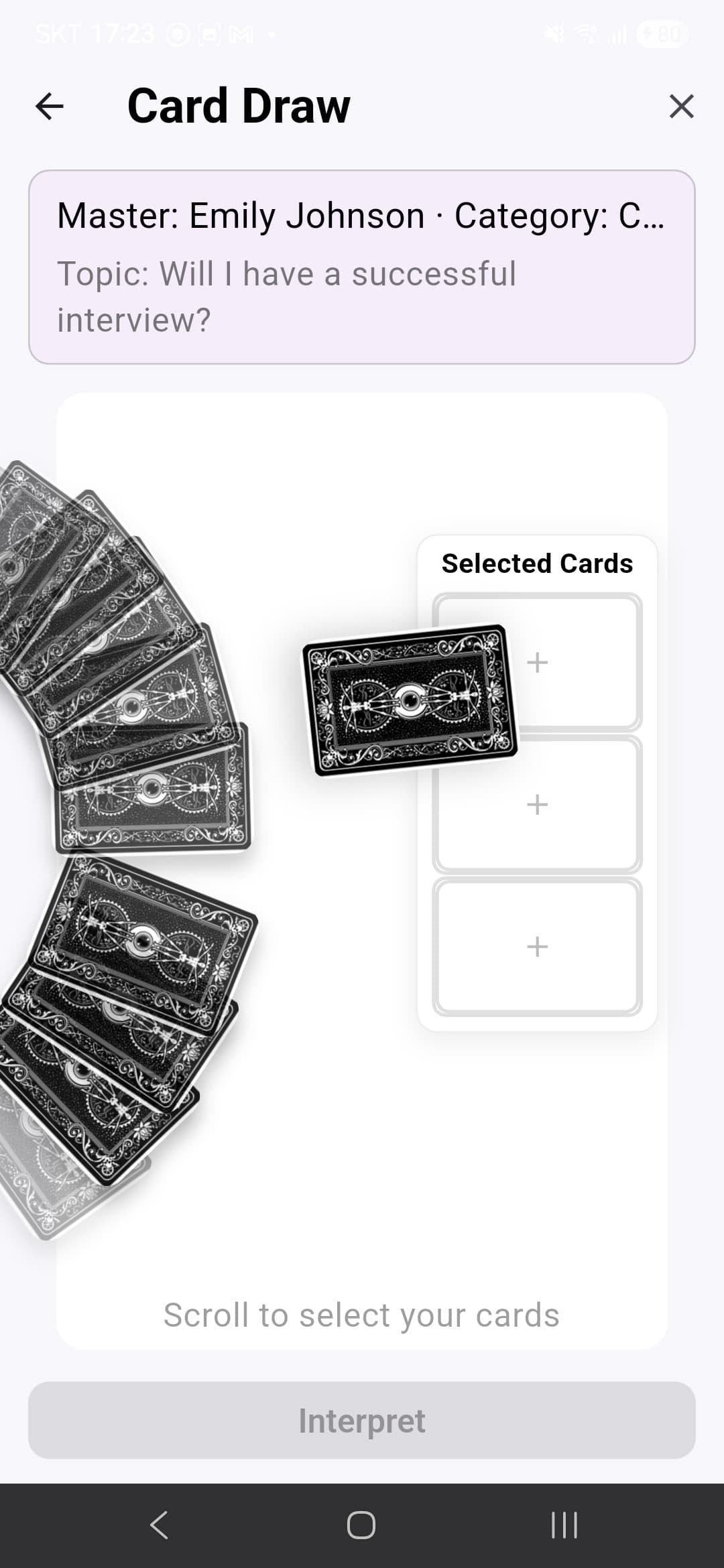 Tarot S.B. card drawing screen - Tarot card selection interface