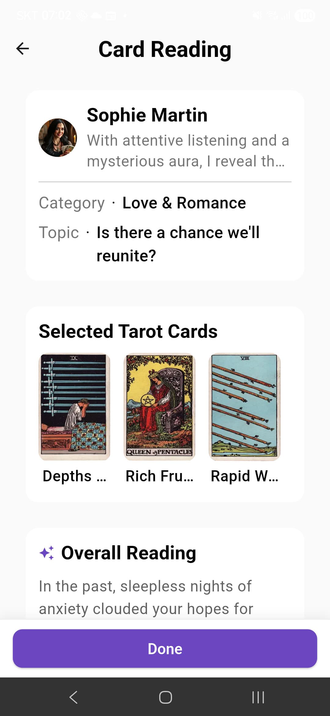 Tarot S.B. reading result screen - AI and expert tarot interpretation